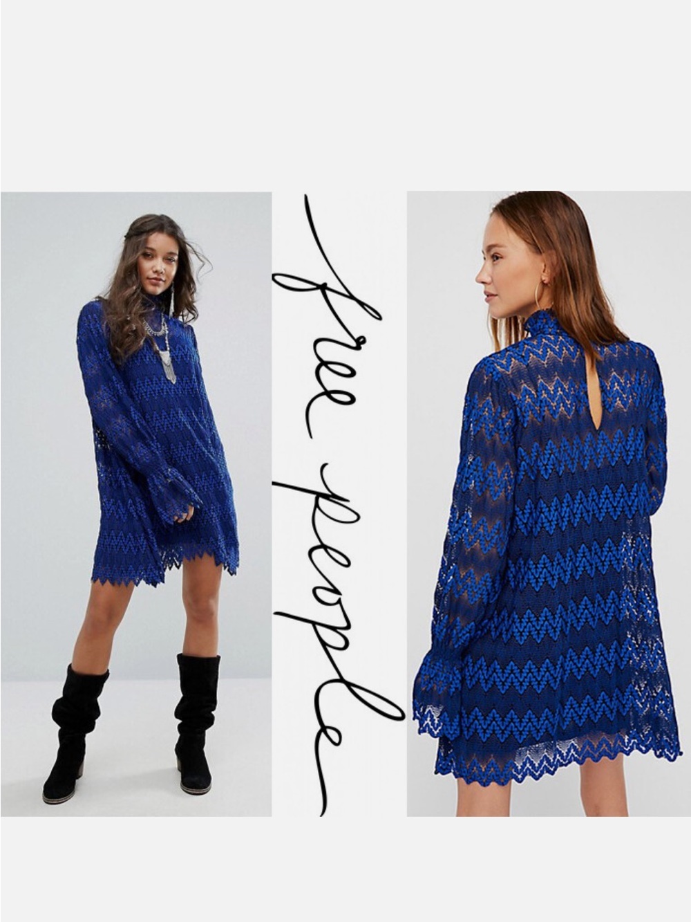 FREE PEOPLE Simone Mock Neck Mini DRESS Bell Sleeves Crochet Lace Cobalt Blue